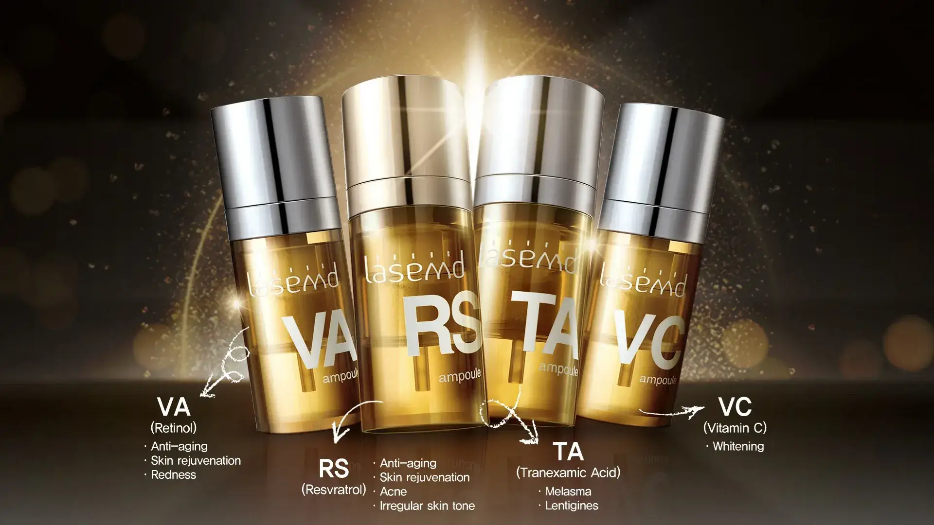 LaseMD ampoule menu featuring retinol, resveratrol, tranexamic acid and vitamin C