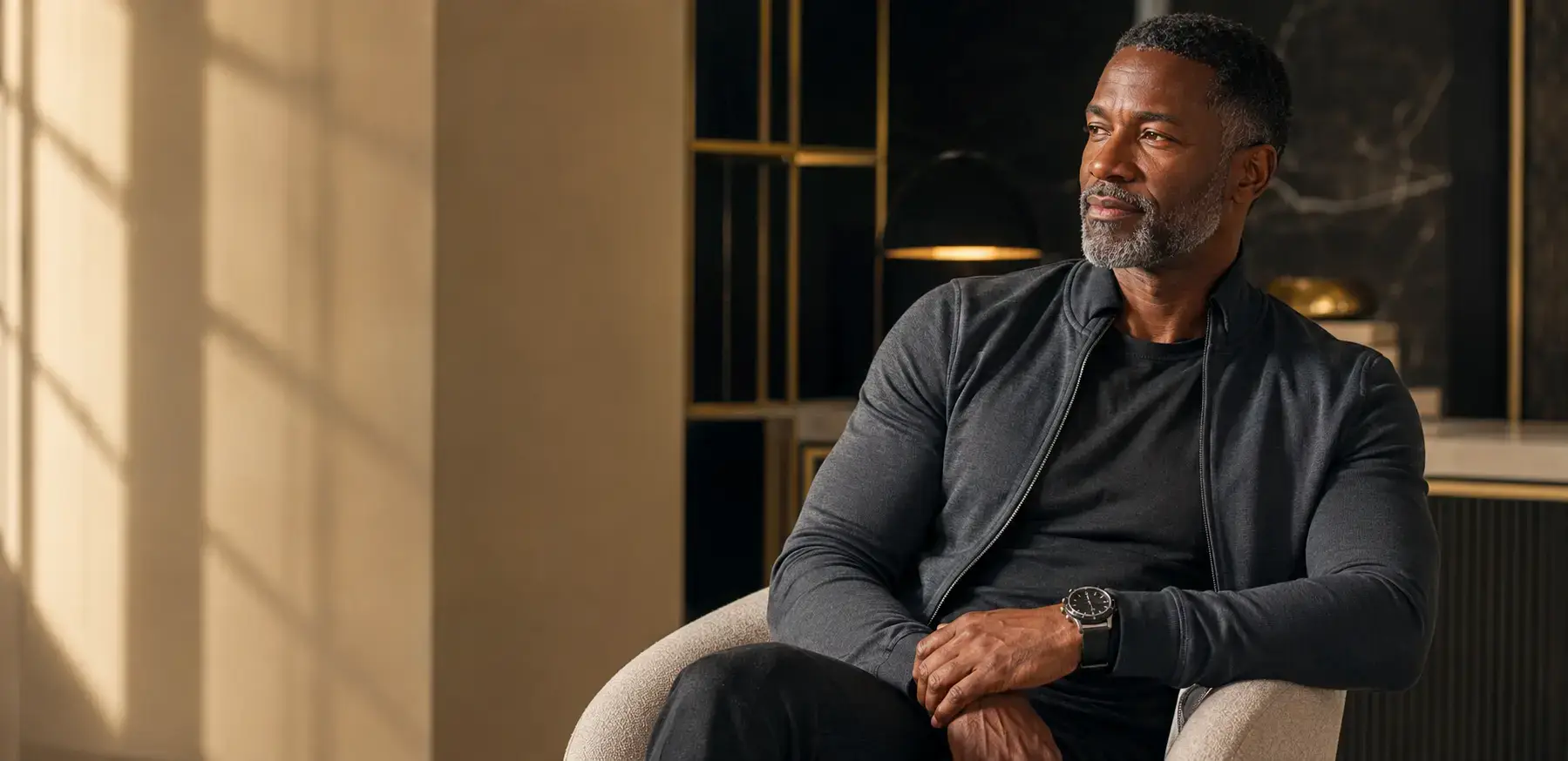 Confident mature man in a refined precision wellness setting