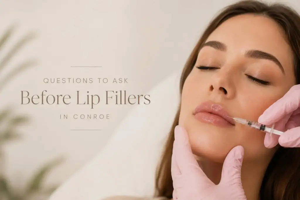 Questions to ask before lip fillers in Conroe consultation featuring a patient receiving a lip filler treatment at a luxury medical spa