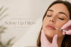Questions to ask before lip fillers in Conroe consultation featuring a patient receiving a lip filler treatment at a luxury medical spa