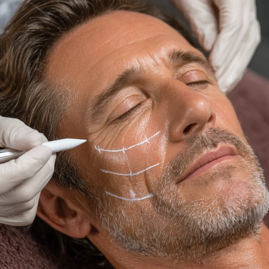 Men's facial rejuvenation consultation and skin tightening treatment planning at a Conroe med spa